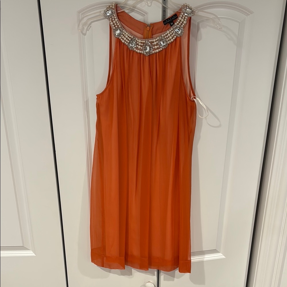100% Silk Orange Sleeveless Dress with Embellished Neckline